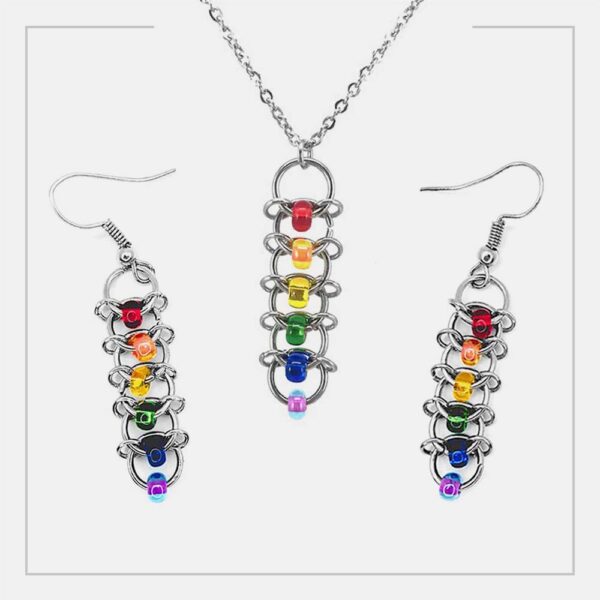 rainbow pride jewelry set. Colored glass beads with interlocking metal chain links.