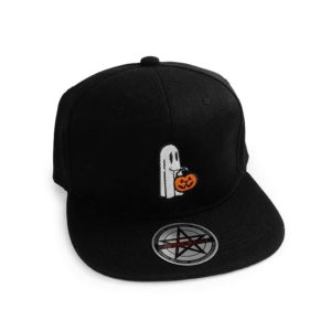 Black flat brimmed structured snapback hat with cute ghost holding a pumpkin embroidered onto the front.