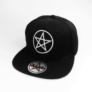Black snap back flat brimmed hat. Center features an embroidered pentacle.