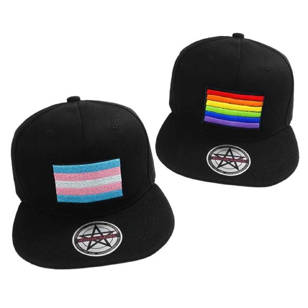 Structured six panel snapback hats with embroidered pride flag design.
