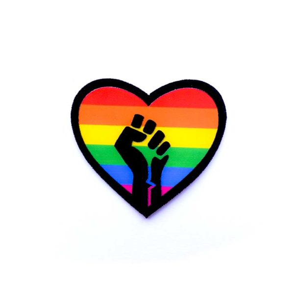 Rainbow Equality Sticker, Rainbow Heart with raised fist in the center.