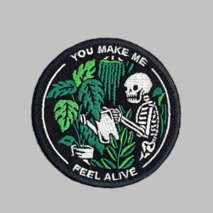 Skeleton Watering Houseplants Patch. Iron on or sew on embroidery patch