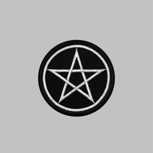 Pentacle Embroidery Patch. White thread on black fabric